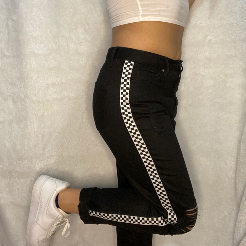Black Checkered Straight Leg Jeans